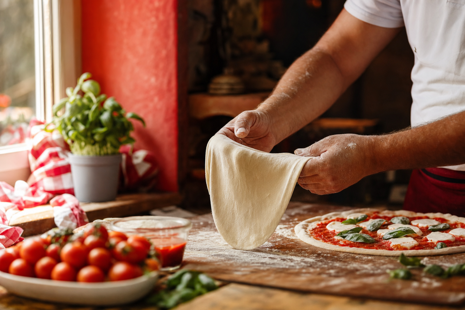 Hands stretching fresh pizza dough on a floured wooden counter.