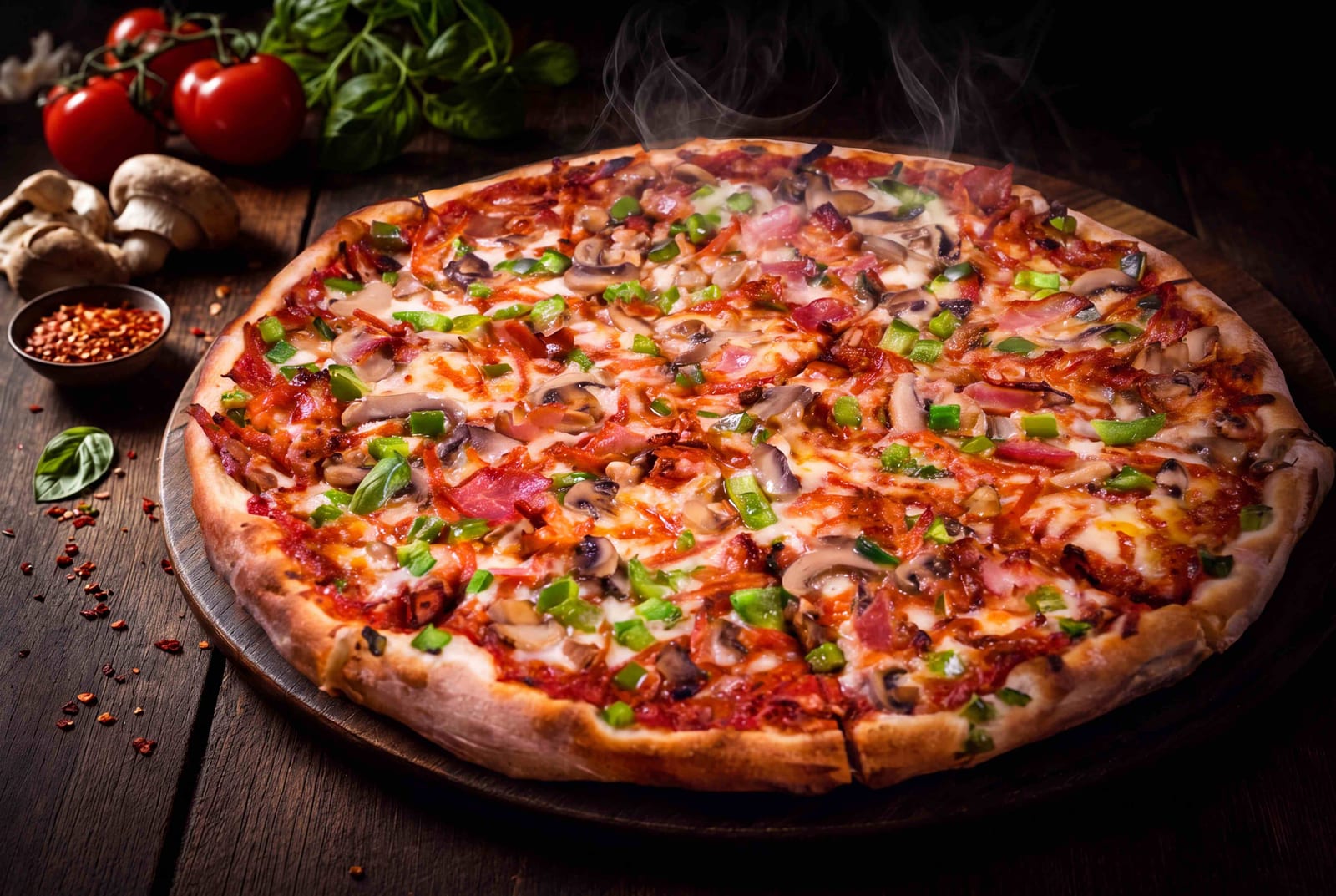 Freshly baked Capri pizza with mushrooms, green peppers and pepperoni, steaming on a wooden board.